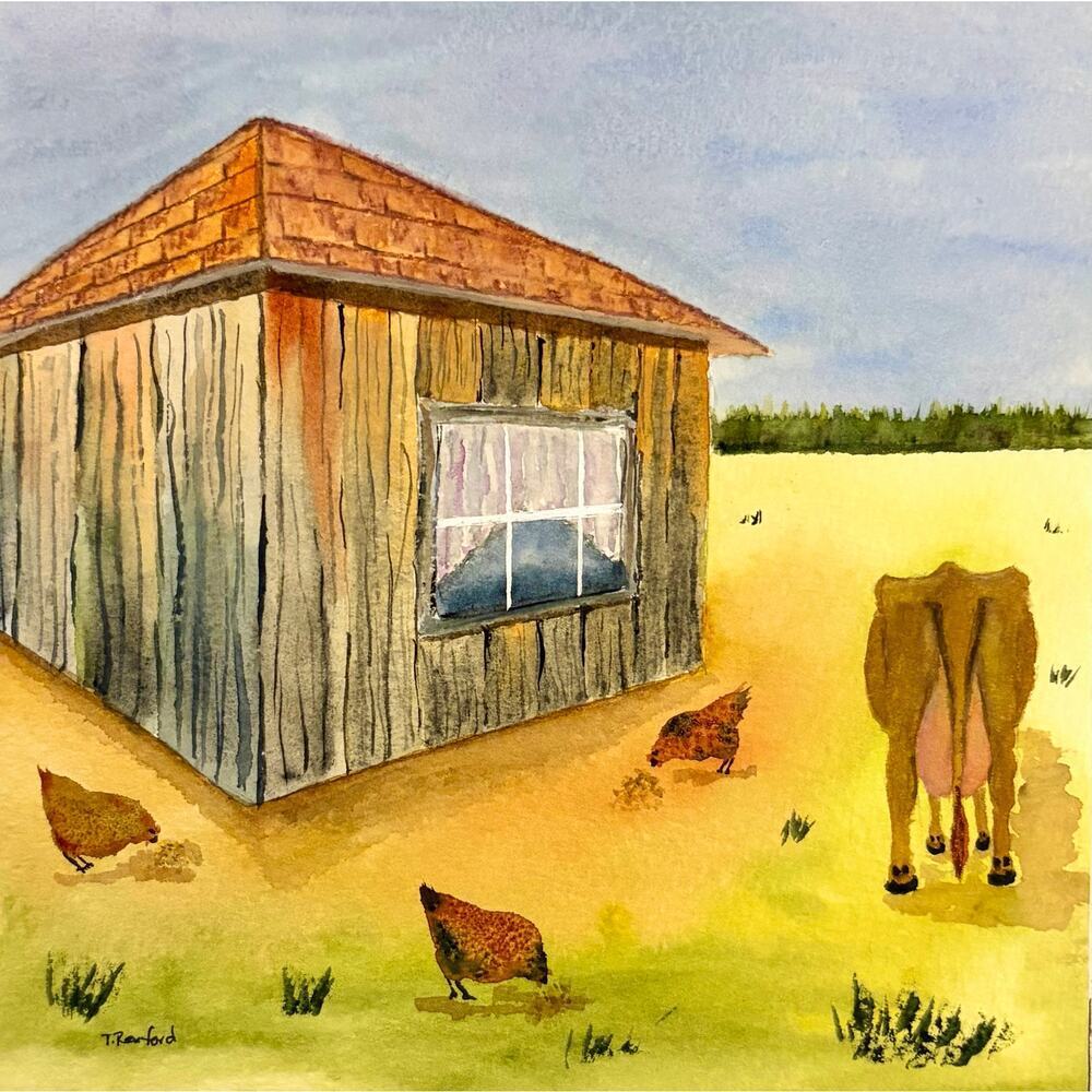Hand painted watercolor original painting barn, chickens, cow